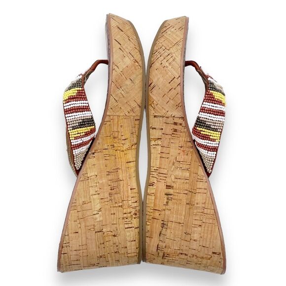 Sam Edelman Rosa Nude Ginger Beaded Thong Cork Wedge Sandal Flip Flop Size 8.5 - Picture 11 of 16